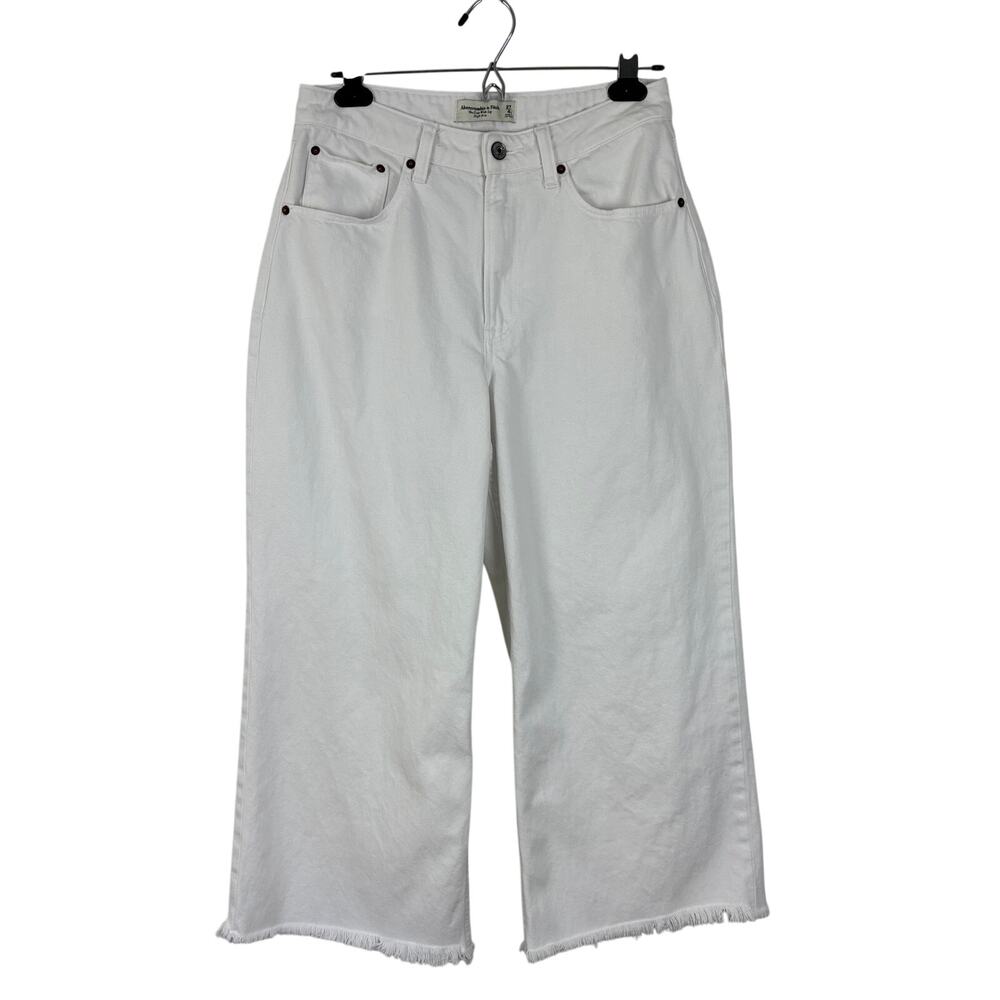 Abercrombie & Fitch The Crop Wide Leg High Rise Curve Love Raw Hem 27/4S white
